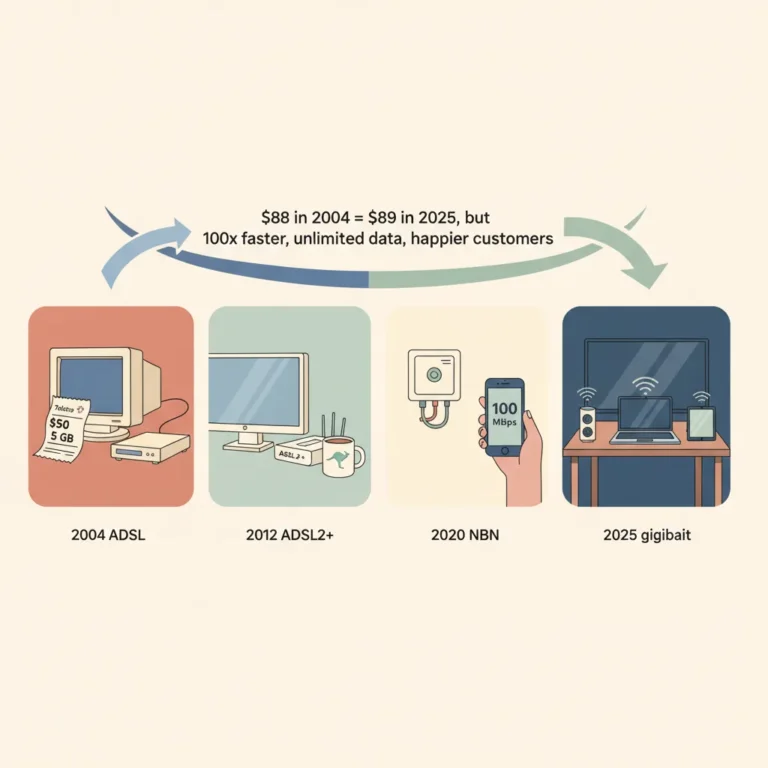 Cartoon timeline showing evolution of Australian home internet from 2004 ADSL through 2012 ADSL2+ and 2020 NBN to 2025 gigabit, with caption $88 in 2004 equals $89 in 2025 but 100 times faster