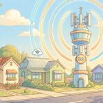 Cartoon illustration of an Australian suburban street with a 5G mobile tower in the centre emitting glowing waves to three nearby houses, each with a Wi-Fi cloud above its roof