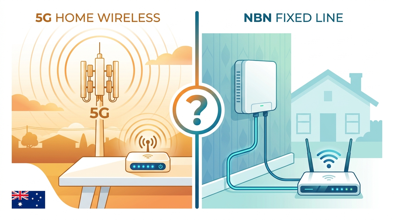 Split frame infographic comparing 5G home wireless with the NBN