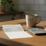 Photorealistic scene of an Australian kitchen table with a paper NBN bill, a smartphone showing calculator results, a coffee mug, reading glasses and a notepad, lit by warm afternoon sun. The setting for sitting down to check whether you're overpaying for your NBN.