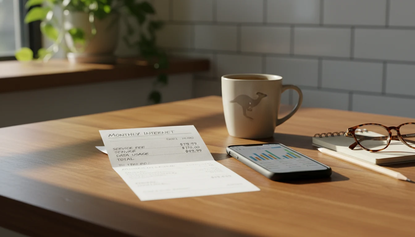 Photorealistic scene of an Australian kitchen table with a paper NBN bill, a smartphone showing calculator results, a coffee mug, reading glasses and a notepad, lit by warm afternoon sun. The setting for sitting down to check whether you're overpaying for your NBN.