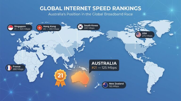 World map infographic showing Australia ranked #21 globally for internet speed at 125 Mbps, behind Singapore #1 (320 Mbps), Hong Kong #2 (310 Mbps), USA, France, and other countries