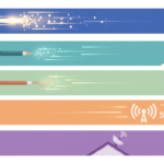 Illustration showing five lanes representing different home internet types in Australia - fibre, cable, copper, 5G wireless and satellite all converging on a house