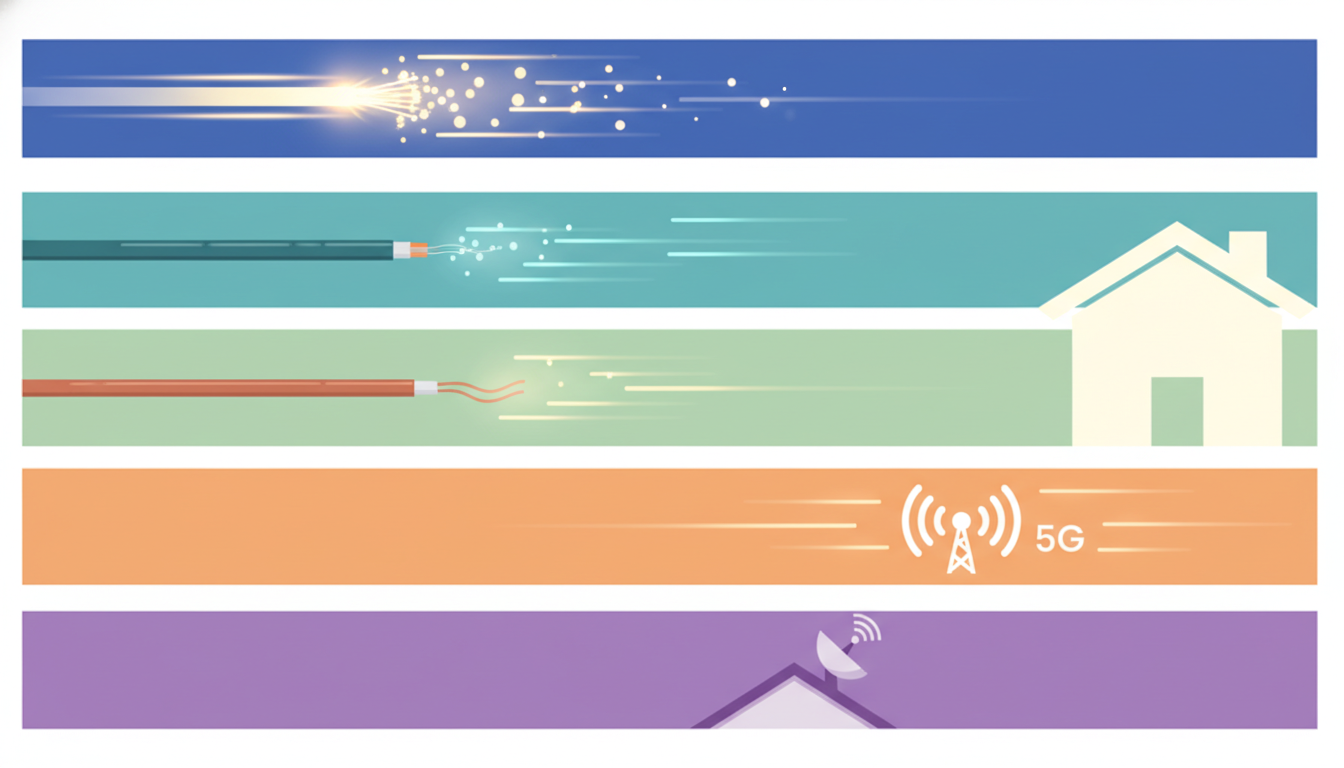 Illustration showing five lanes representing different home internet types in Australia - fibre, cable, copper, 5G wireless and satellite all converging on a house