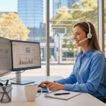 Australian customer support representative at a desk wearing a headset, dual monitor setup, Australian flag on desk