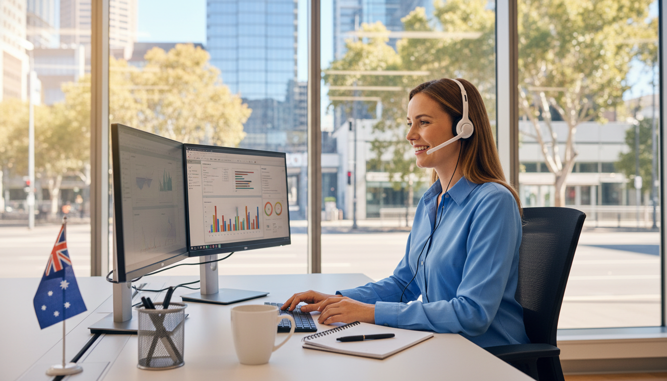 Australian customer support representative at a desk wearing a headset, dual monitor setup, Australian flag on desk