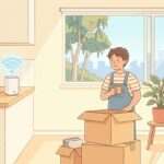 Cartoon illustration of a young person unpacking moving boxes in a sunny Australian rental apartment, with a 5G home wireless modem on the kitchen counter and a Wi-Fi signal glowing above it