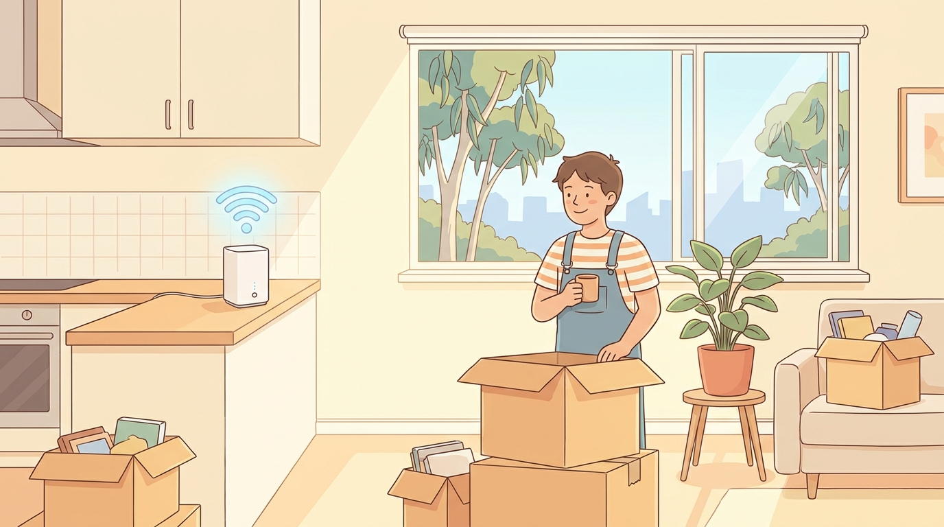 Cartoon illustration of a young person unpacking moving boxes in a sunny Australian rental apartment, with a 5G home wireless modem on the kitchen counter and a Wi-Fi signal glowing above it