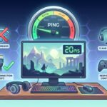 Gaming setup infographic with a ping gauge showing 20ms, a monitor with a fantasy game scene, gaming keyboard and mouse, headphones, game controller, and icons indicating wired Ethernet is better than wireless for gaming