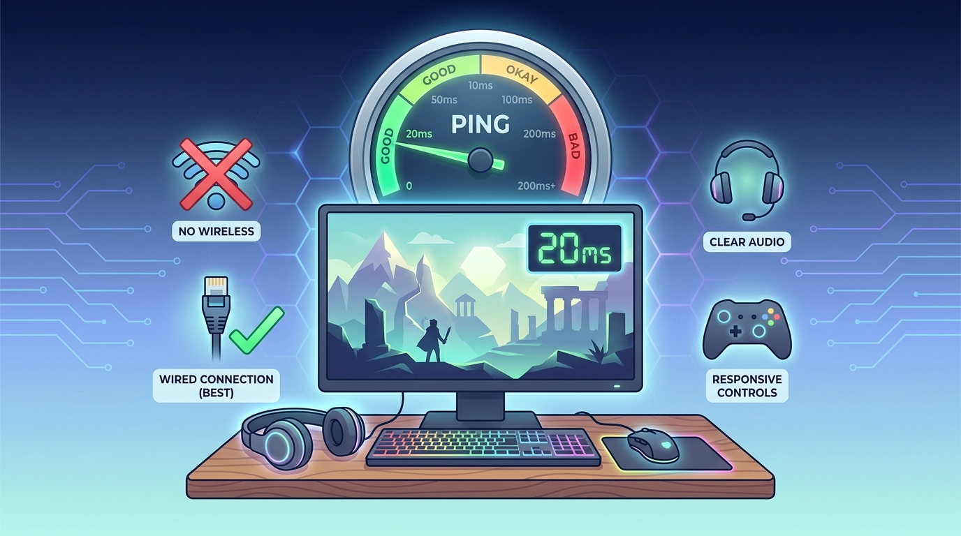 Gaming setup infographic with a ping gauge showing 20ms, a monitor with a fantasy game scene, gaming keyboard and mouse, headphones, game controller, and icons indicating wired Ethernet is better than wireless for gaming