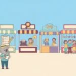 Cartoon illustration of an Australian marketplace with several broadband comparison stalls. Each stall represents a different way of recommending broadband providers (algorithm, survey, editorial, phone advice, shared data, real customer reviews). The busiest stall is on the right with happy customers handing in star-rating cards.