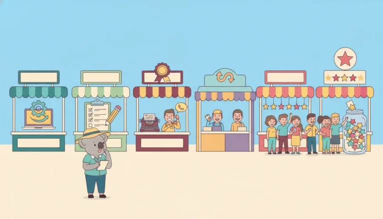 Cartoon illustration of an Australian marketplace with several broadband comparison stalls. Each stall represents a different way of recommending broadband providers (algorithm, survey, editorial, phone advice, shared data, real customer reviews). The busiest stall is on the right with happy customers handing in star-rating cards.