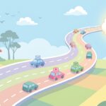 Cartoon illustration of a multi-lane highway curving from a house on the left to the internet (globe in cloud) on the right, with cartoon cars representing data packets