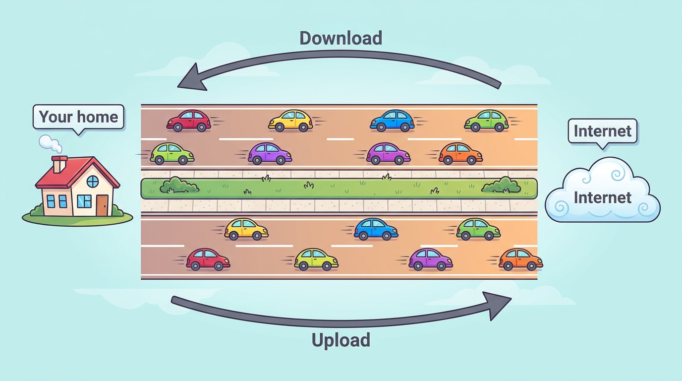Diagram showing the highway analogy for broadband - house, internet, cars representing data packets, download and upload lanes