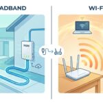 Split-frame infographic showing broadband (fibre cable entering a house through NBN box) versus Wi-Fi (router broadcasting wireless signal to laptops, phones, TVs and tablets inside the home)