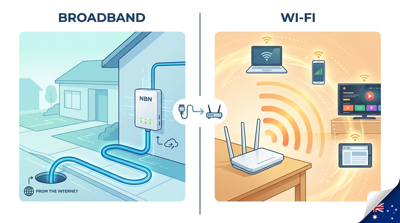 Split-frame infographic showing broadband (fibre cable entering a house through NBN box) versus Wi-Fi (router broadcasting wireless signal to laptops, phones, TVs and tablets inside the home)