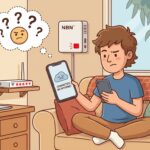 Cartoon of an Australian person checking their phone with question mark expression, with red warning lights on Wi-Fi router and NBN connection box visible, suggesting an internet outage
