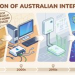 Timeline illustration showing Australian internet evolution: 1989 dial-up computer, 2000s ADSL modem, 2010s NBN box, 2026 5G smartphone and satellite