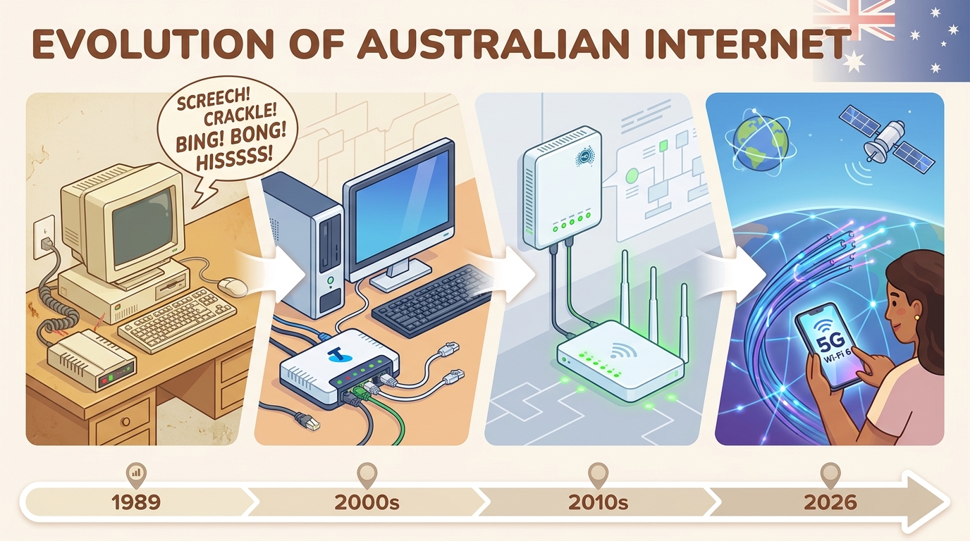 Timeline illustration showing Australian internet evolution: 1989 dial-up computer, 2000s ADSL modem, 2010s NBN box, 2026 5G smartphone and satellite