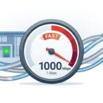Illustration of speedometer reading 1000 Mbps with fibre cables and modern home — fastest NBN plan in Australia