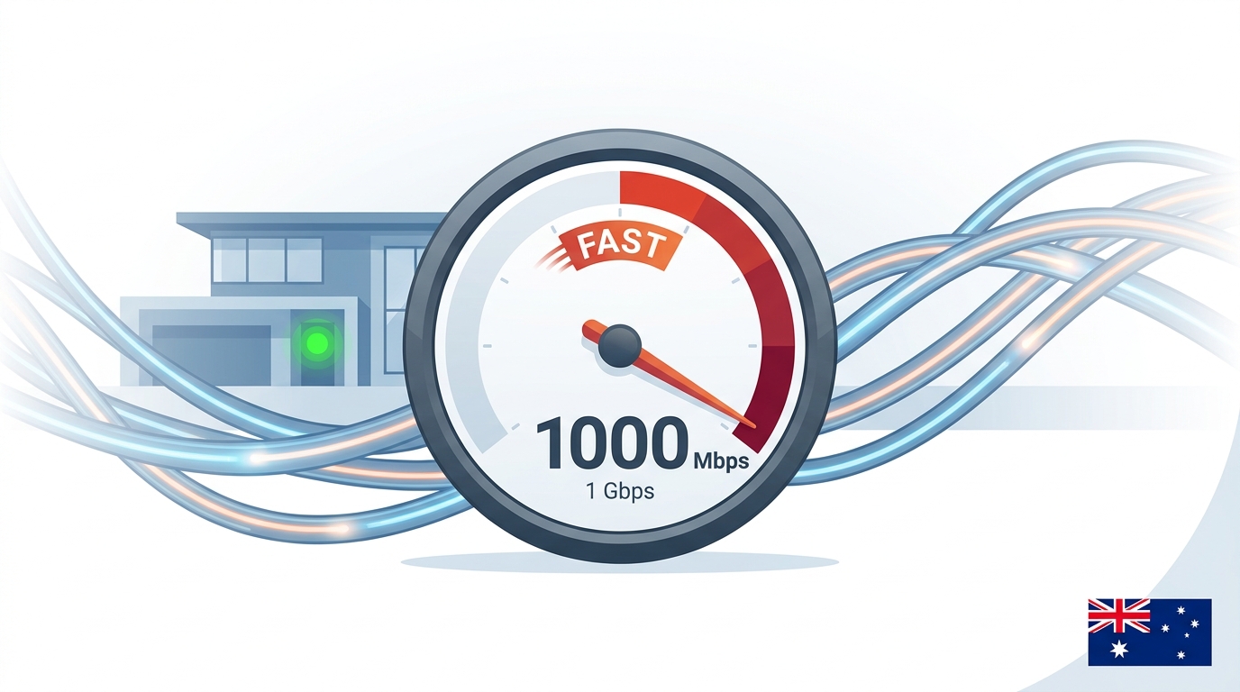 Illustration of speedometer reading 1000 Mbps with fibre cables and modern home — fastest NBN plan in Australia