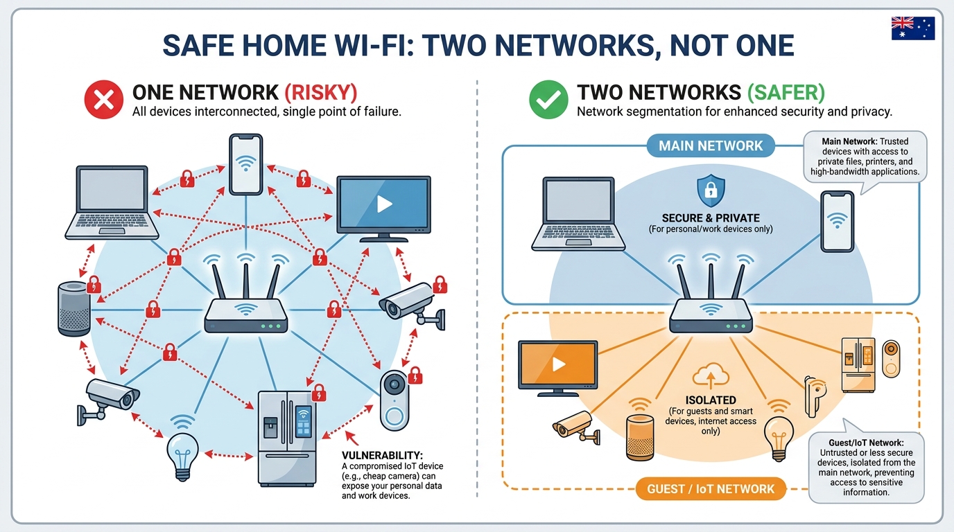Safe home Wi-Fi: two networks, not one. Smart-home devices on a separate IoT network from your laptop and phone.