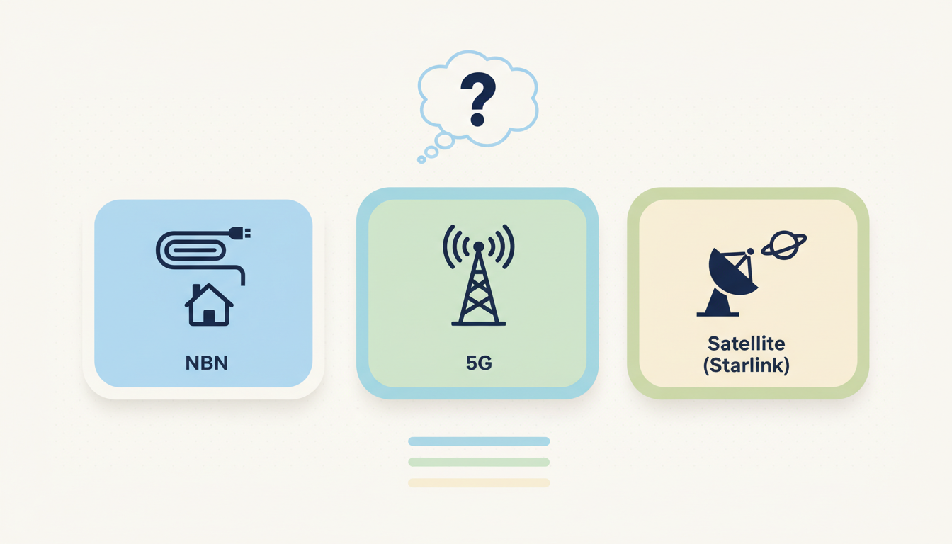 Infographic showing the three main home internet choices in Australia - NBN, 5G home wireless and Starlink satellite