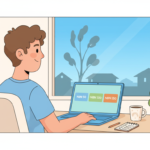 Cartoon illustration of a person at a home desk comparing NBN plans on a laptop showing three plan cards