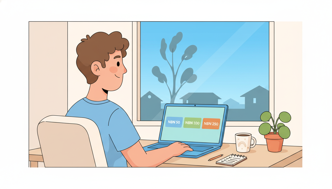 Cartoon illustration of a person at a home desk comparing NBN plans on a laptop showing three plan cards