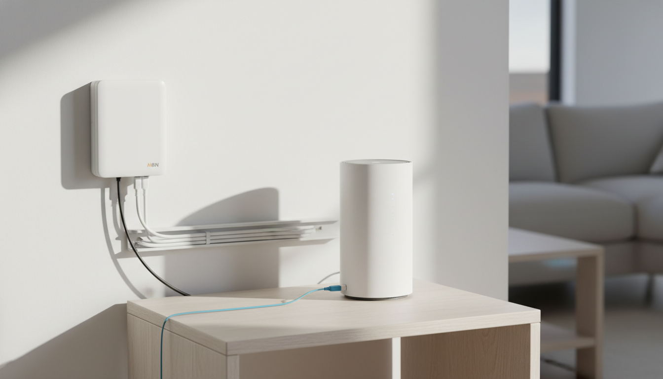 An NBN connection box mounted on a wall and a modem on a shelf with an Ethernet cable connecting them