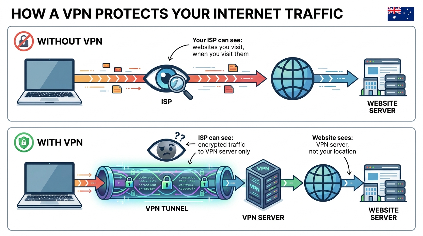 How a VPN protects your internet traffic — without VPN vs with VPN diagram