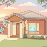 Cartoon illustration of an Australian suburban home with three Wi-Fi security cameras visible on the exterior, each with Wi-Fi waves connecting back to a router visible through a window, plus a homeowner checking a security app on their phone
