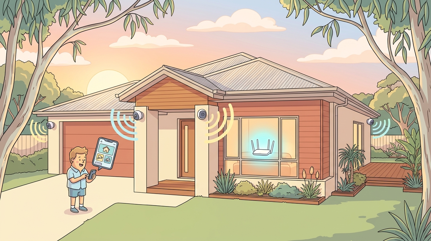 Cartoon illustration of an Australian suburban home with three Wi-Fi security cameras visible on the exterior, each with Wi-Fi waves connecting back to a router visible through a window, plus a homeowner checking a security app on their phone