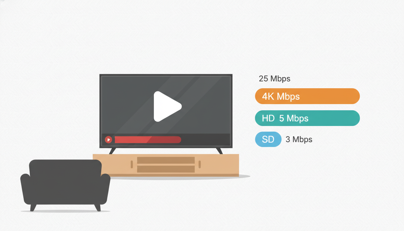 Infographic showing a TV with speed bars for SD 3 Mbps, HD 5 Mbps and 4K 25 Mbps