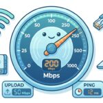 Illustrated speedometer showing internet speed test result with icons for Wi-Fi, NBN box, laptop and ethernet cable