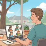 Cartoon illustration of a person working from home on a video conference call at a desk with laptop, coffee mug and plant