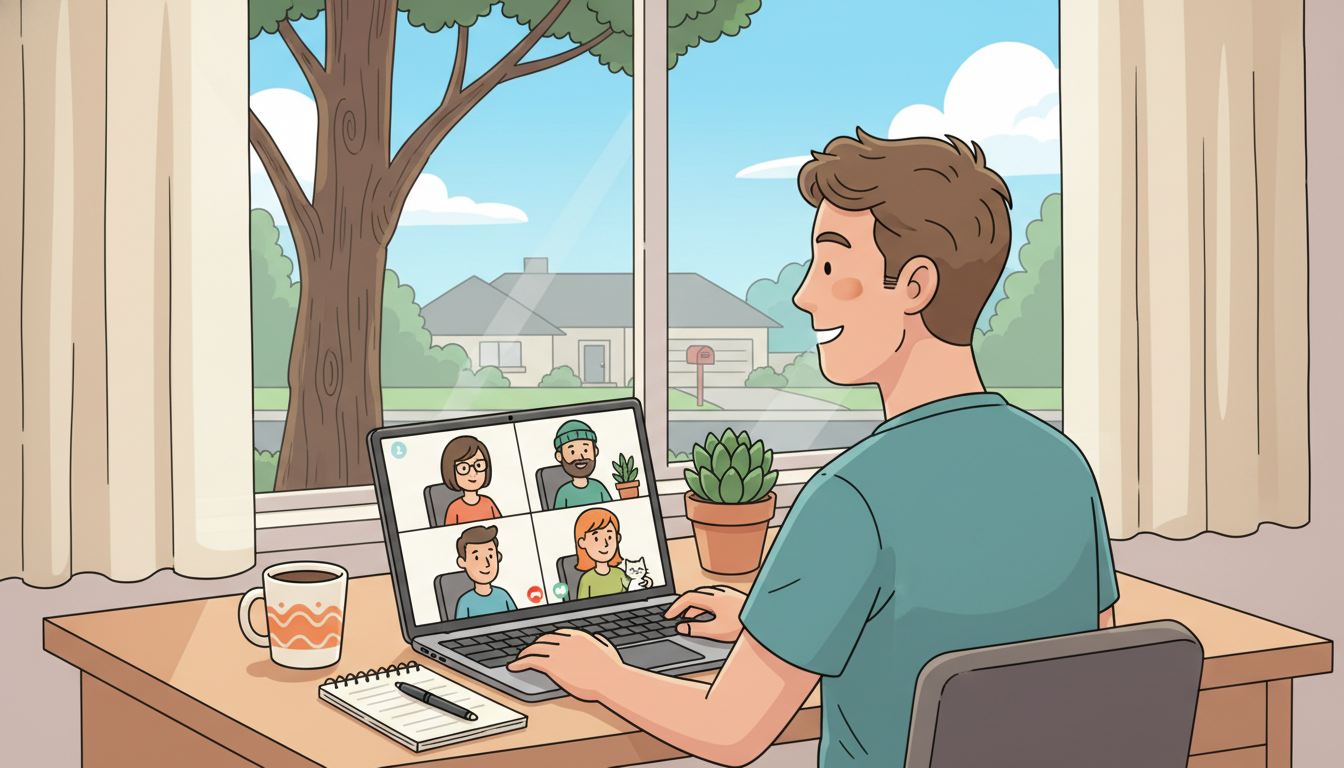 Cartoon illustration of a person working from home on a video conference call at a desk with laptop, coffee mug and plant