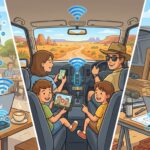 Three-panel cartoon showing mobile broadband use cases: person at cafe with laptop and MiFi, family on Australian road trip with tablet streaming video, tradie on worksite with laptop and USB modem