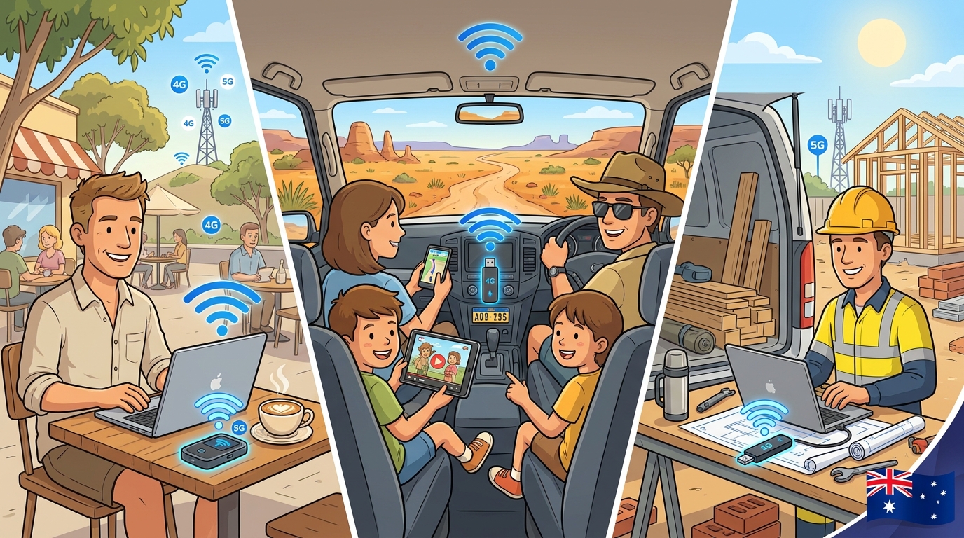 Three-panel cartoon showing mobile broadband use cases: person at cafe with laptop and MiFi, family on Australian road trip with tablet streaming video, tradie on worksite with laptop and USB modem