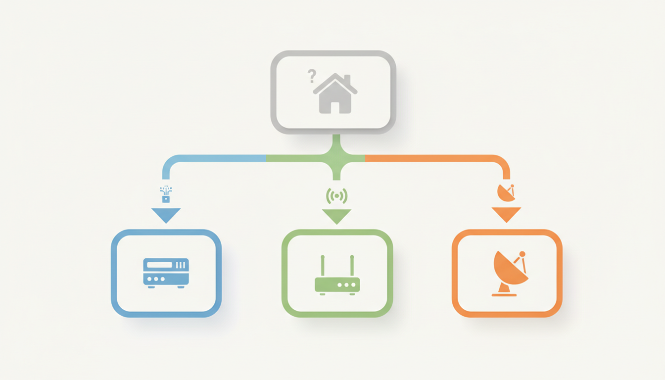 Decision tree showing how to choose between NBN, 5G home wireless and Starlink satellite based on your situation