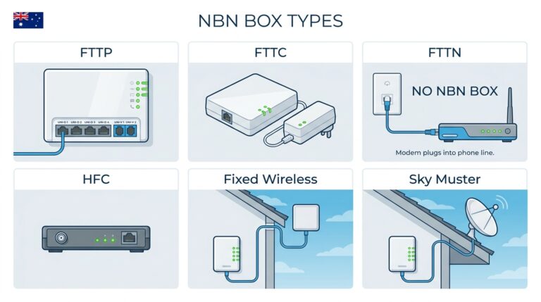 Six types of NBN box compared side by side — FTTP ONT, FTTC NCD, FTTN modem, HFC NCD, fixed wireless NTD and Sky Muster NTD