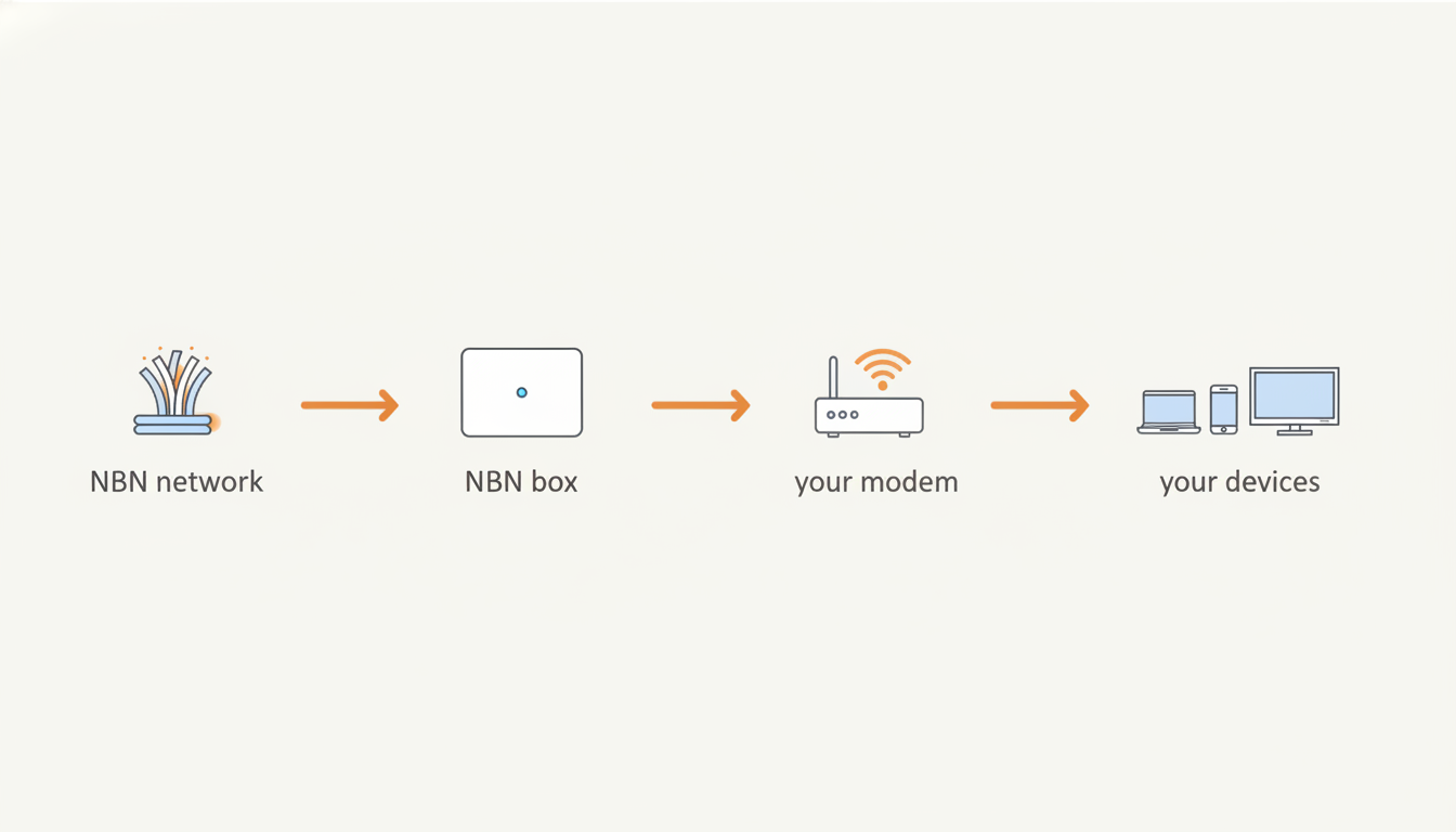 Diagram showing how the NBN connects from the network through the NBN box to your modem and devices