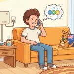 Cartoon of an Australian person on the phone to their NBN provider, with router, NBN box and kangaroo plush