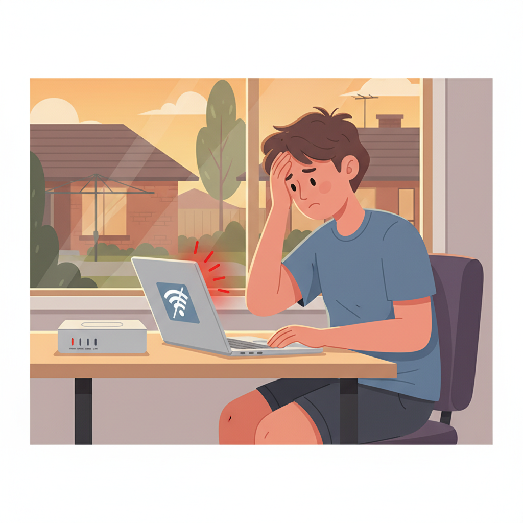 Cartoon of a frustrated Australian person at home looking at a laptop with a no-internet icon, with an NBN NTD box on the desk showing a red warning light