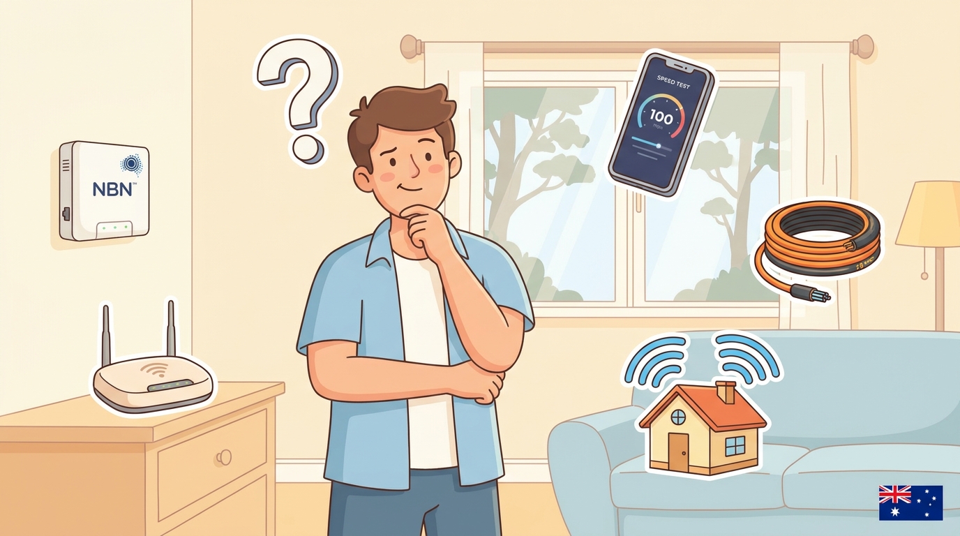 Australian person with question mark looking at NBN box and Wi-Fi router