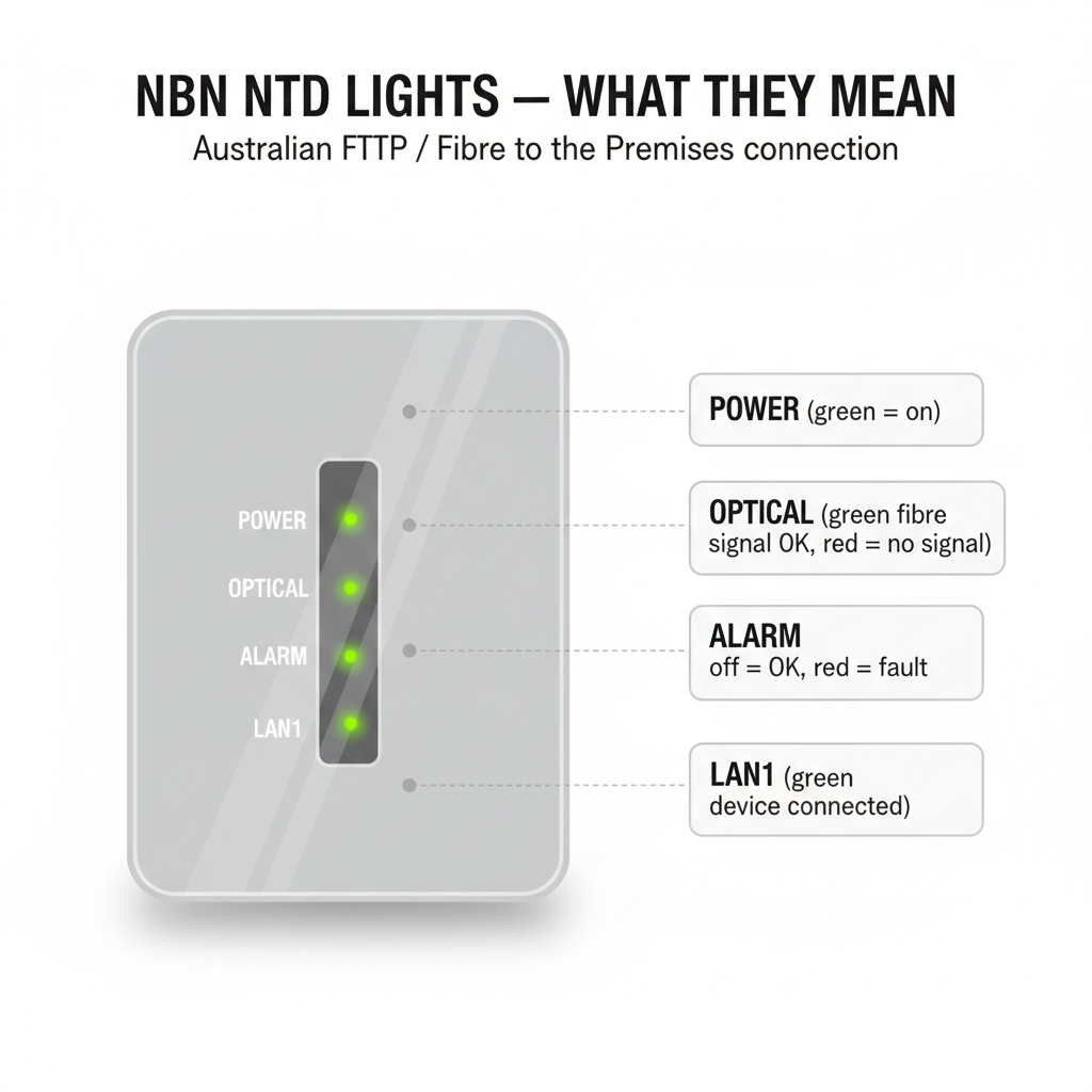 Diagram of an Australian NBN NTD box with 4 indicator lights labelled POWER, OPTICAL, ALARM and LAN1 and what each colour means