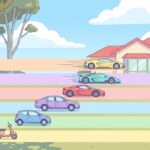 Cartoon illustration of six racing lanes with vehicles of increasing speed (scooter, hatchback, sedan, sports car, race car, supercar) racing toward an Australian home, representing the six NBN speed tiers