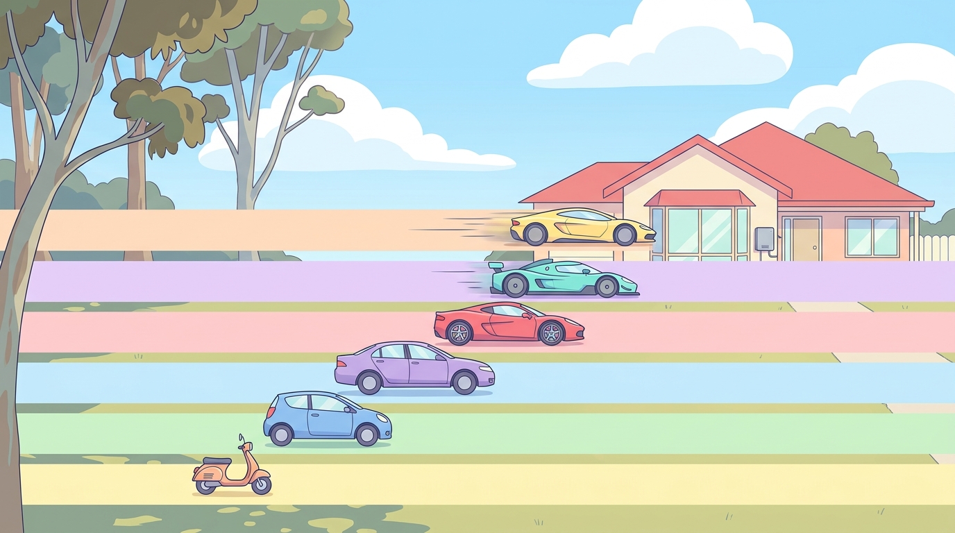 Cartoon illustration of six racing lanes with vehicles of increasing speed (scooter, hatchback, sedan, sports car, race car, supercar) racing toward an Australian home, representing the six NBN speed tiers