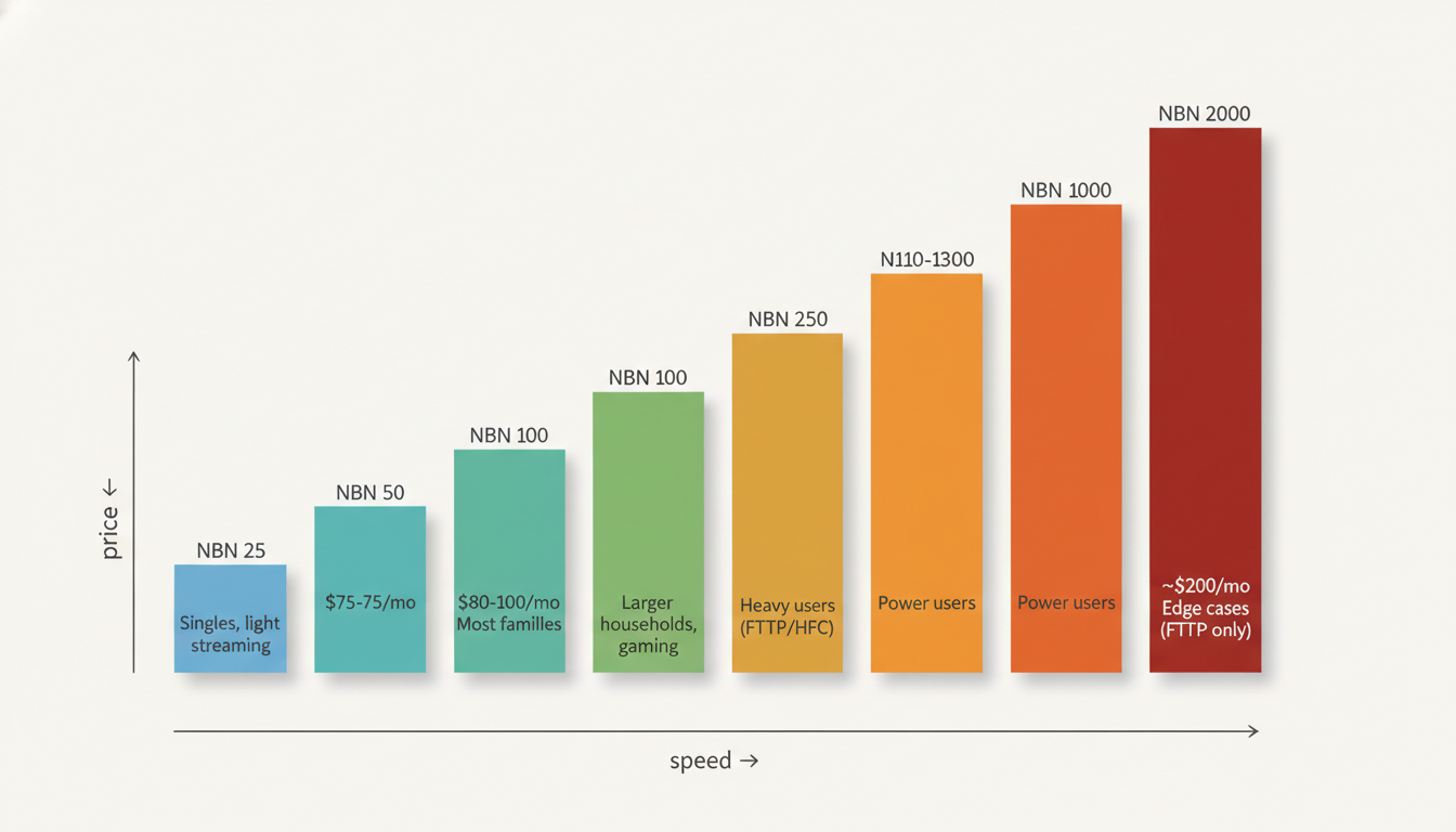 Infographic showing the six NBN speed tiers as ascending coloured blocks with prices and recommended household type for each