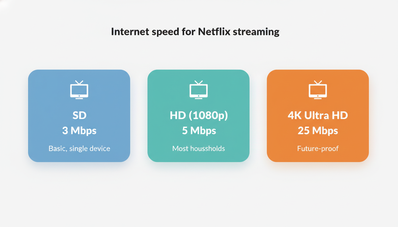 Three cards showing recommended internet speed for Netflix streaming by quality - SD 3 Mbps, HD 5 Mbps, 4K 25 Mbps